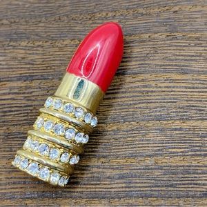 Lipstick brooch pin kitschy gold tone with rhinestone and dark pink enamel